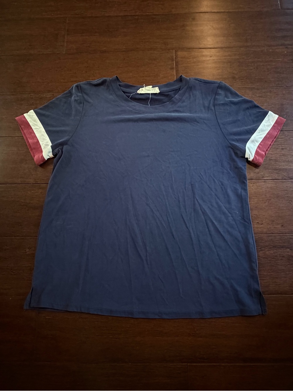 Pink Rose Navy Short-Sleeve Tee with Striped Sleeves
